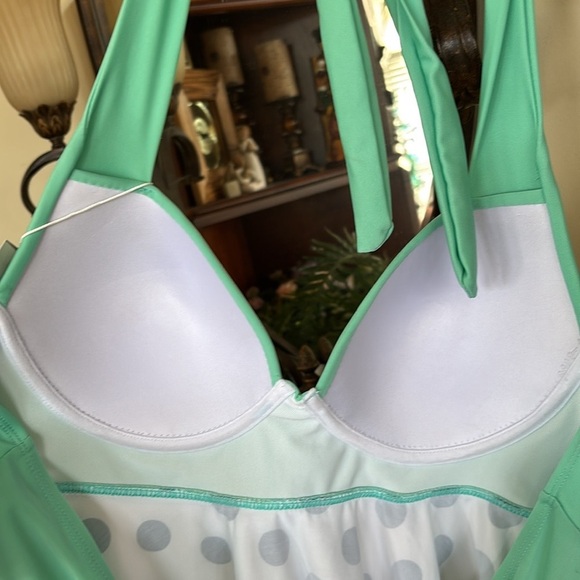 Brand New Rosegal Plus Size Swim Tankini Top Flowy Halter Green w/ Polka Dots - Picture 13 of 16